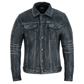 Four Pocket Mens Navy Leather Trucker Jacket