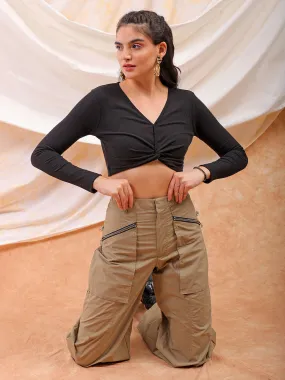 Freehand Women Black Fitted Solid V-Neck Regular
