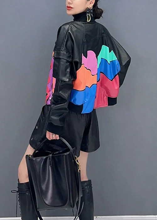 French Black Zip Up Print Patchwork Faux Leather Coats Long Sleeve ML1468