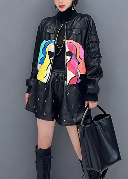 French Black Zip Up Print Patchwork Faux Leather Coats Long Sleeve ML1468