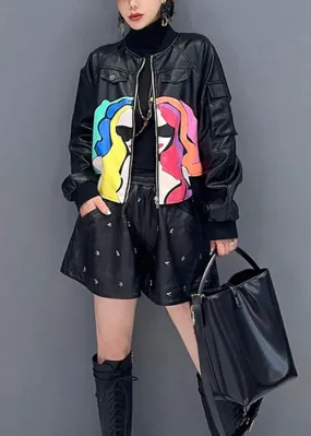French Black Zip Up Print Patchwork Faux Leather Coats Long Sleeve ML1468