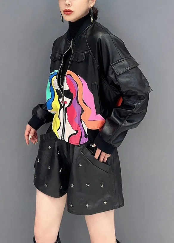 French Black Zip Up Print Patchwork Faux Leather Coats Long Sleeve ML1468