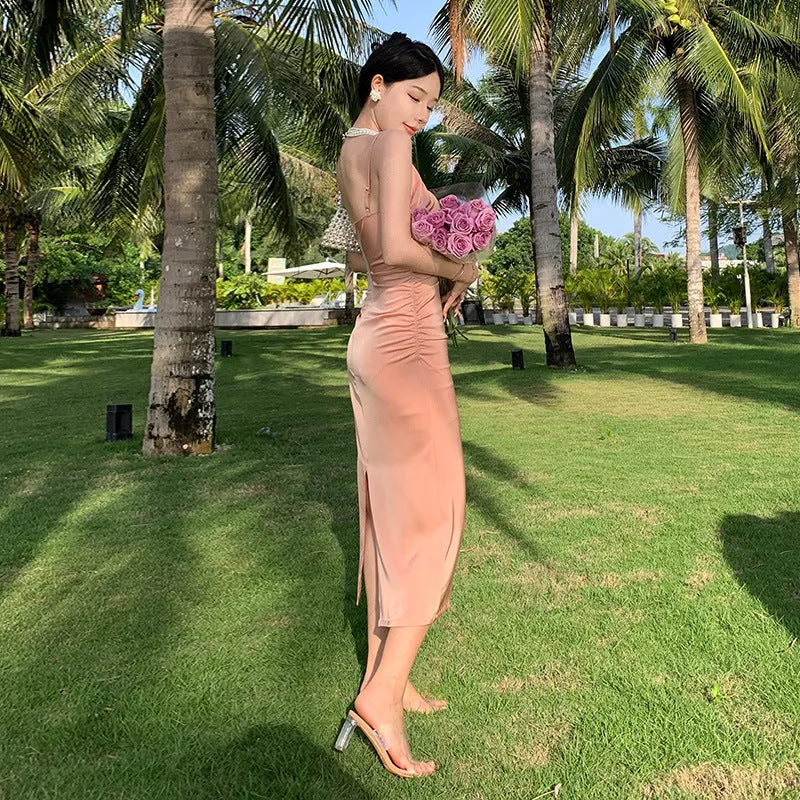 French Gentle Satin Pink Spaghetti Strap Dress Women Seaside Long Dress 372