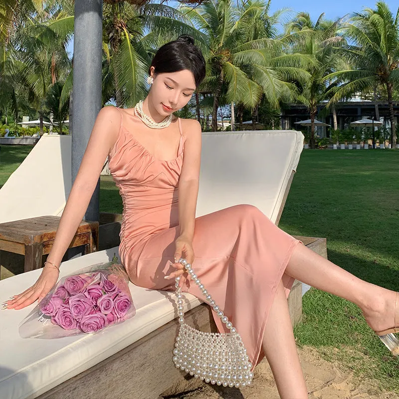 French Gentle Satin Pink Spaghetti Strap Dress Women Seaside Long Dress 372