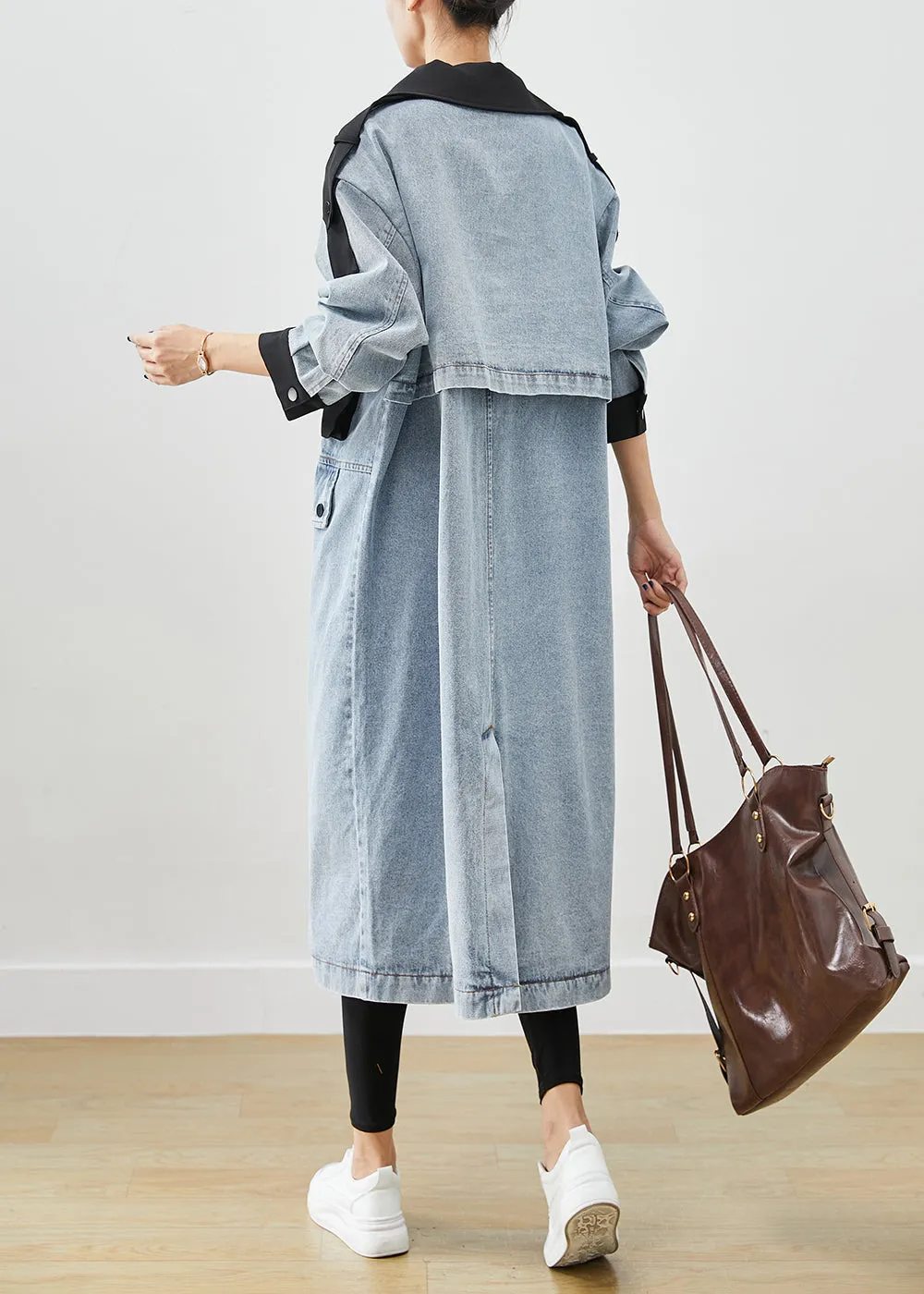 French Light Blue Peter Pan Collar Patchwork Pockets Denim Coats Fall ML1932