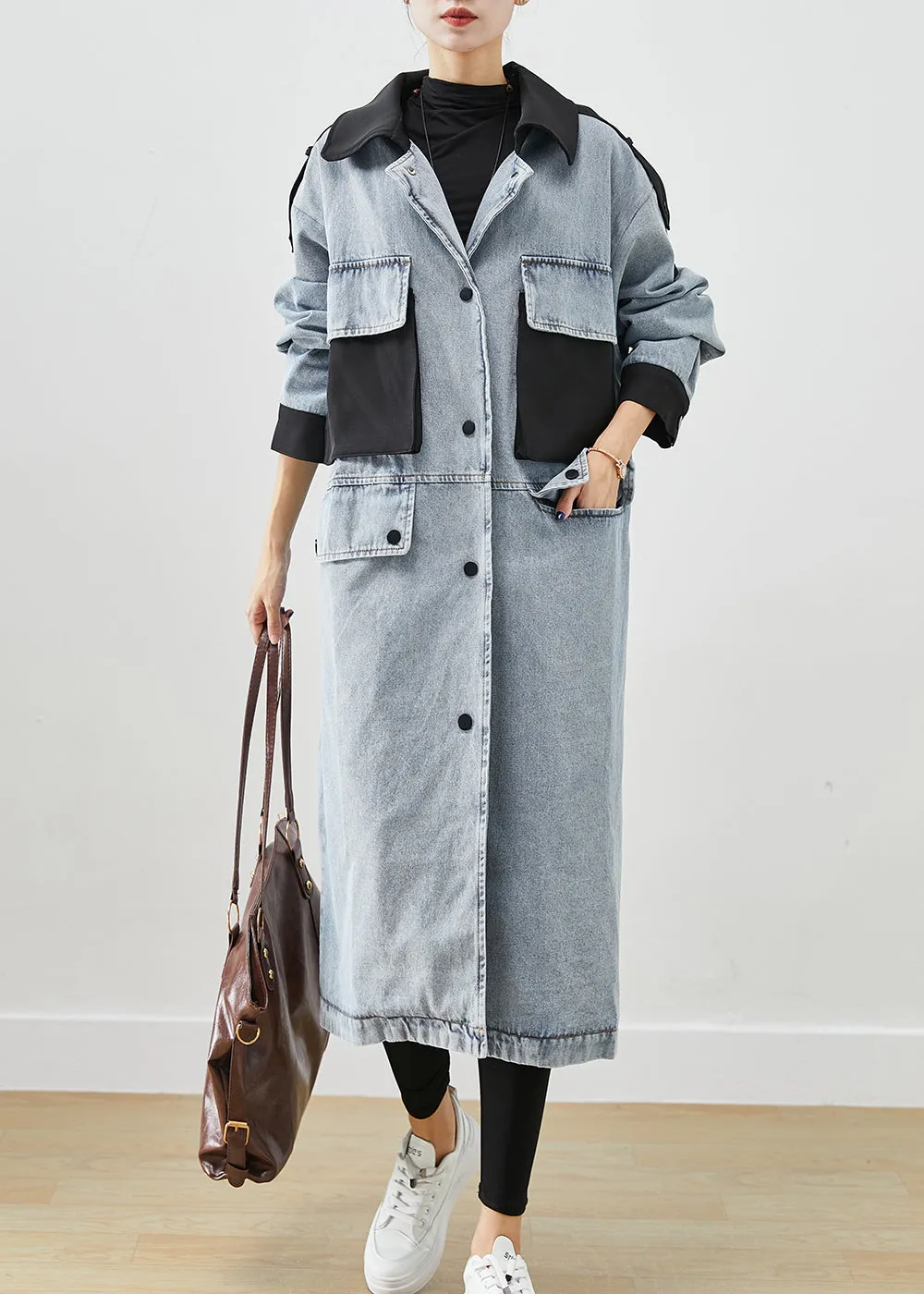 French Light Blue Peter Pan Collar Patchwork Pockets Denim Coats Fall ML1932