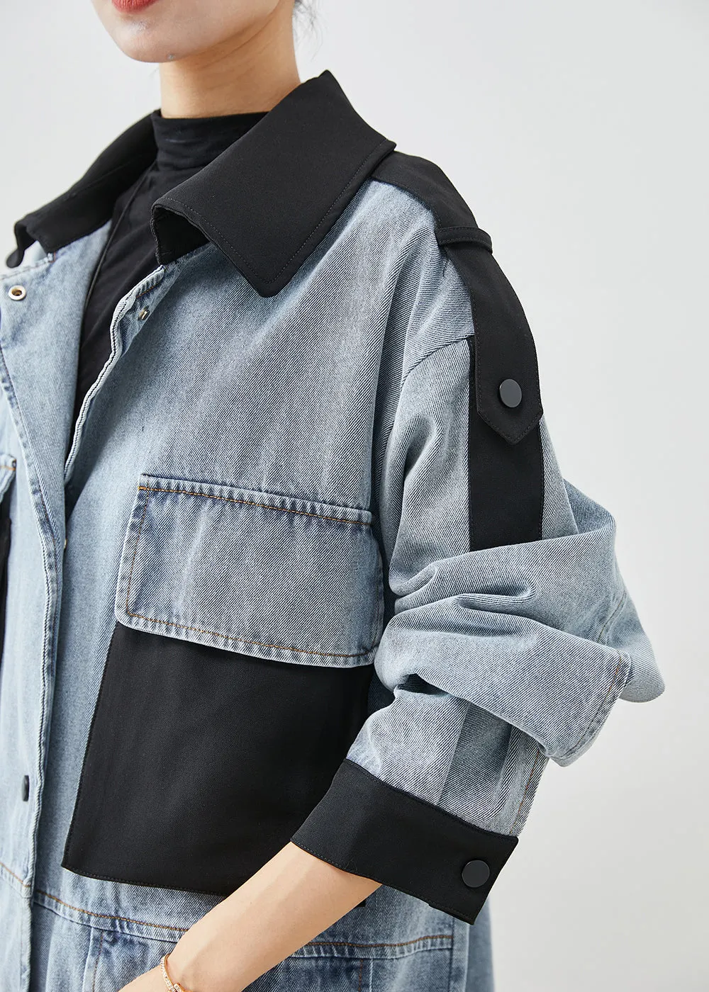 French Light Blue Peter Pan Collar Patchwork Pockets Denim Coats Fall ML1932