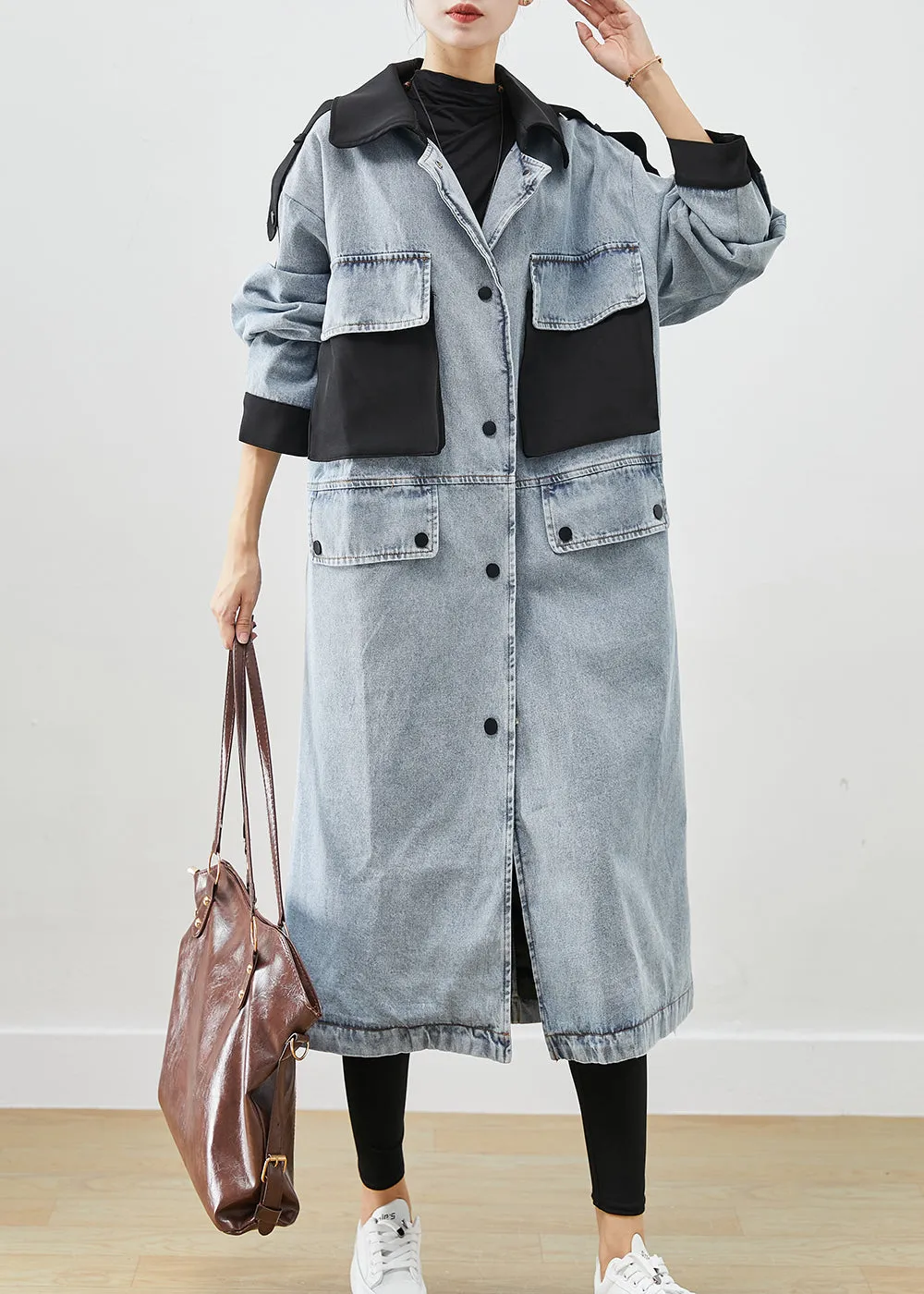 French Light Blue Peter Pan Collar Patchwork Pockets Denim Coats Fall ML1932