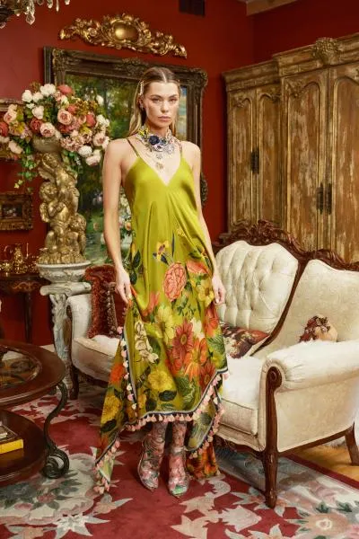 French Riviera Tasseled Dress - Olive Floral -