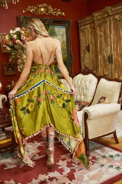 French Riviera Tasseled Dress - Olive Floral -