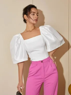 French Style Satin Blouse with Dramatic Sleeves