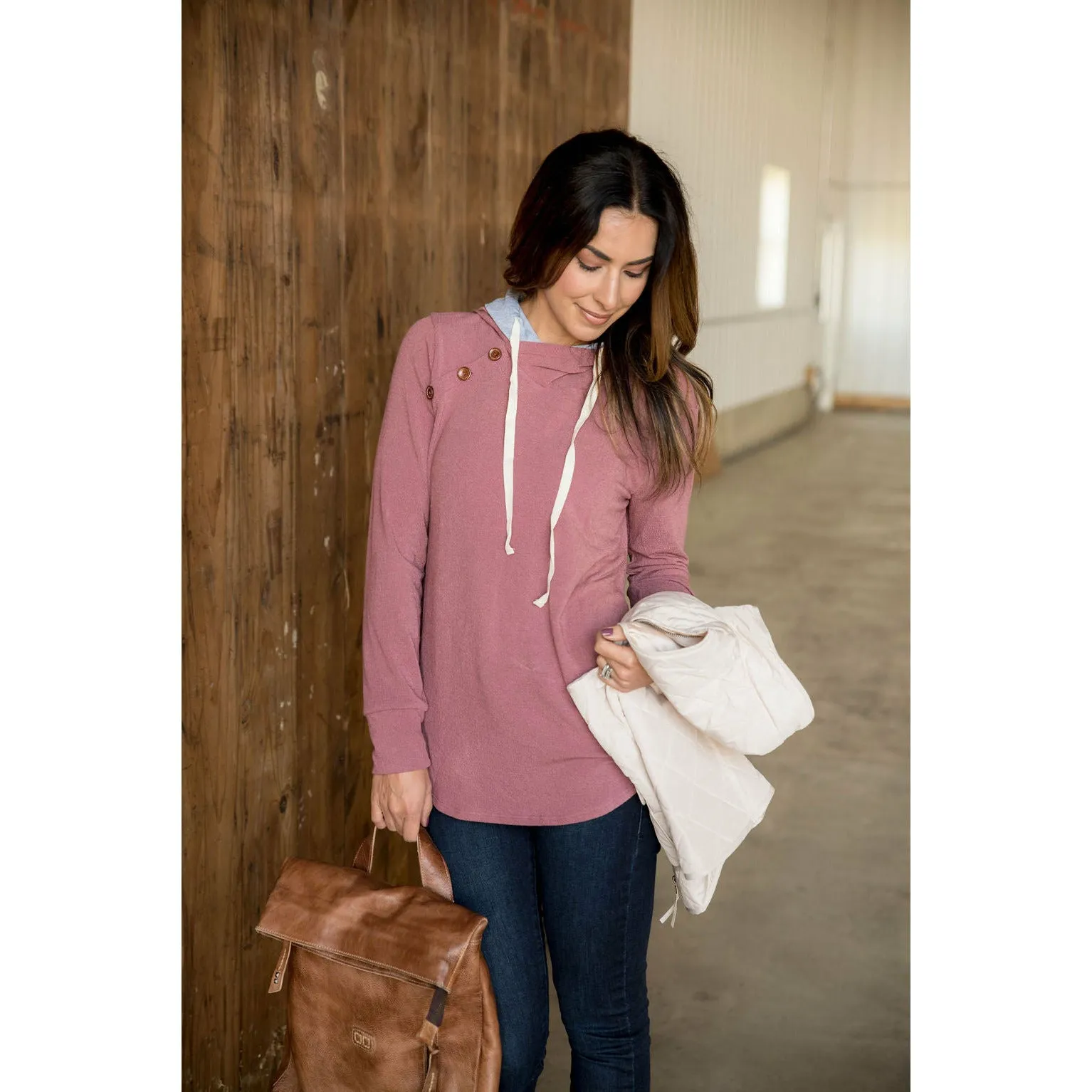 French Terry Side Button Double Hoodie