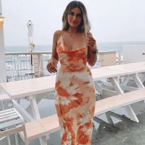 Fresh Floral Print Cowl Neck Backless Maxi Dress - Burnt Orange