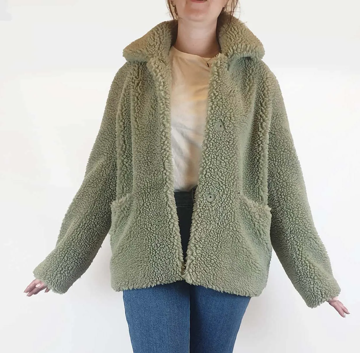 Friends with Frank green faux shearling coat size L, best fits 12-14