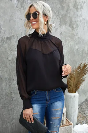 Frill Neck Spliced Mesh Blouse