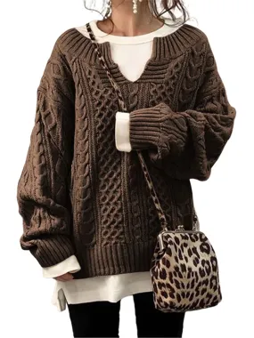 Frontwalk Womens V Neck Sweaters Long Sleeve Cable Knit Pullover Jumper Tops Casual Winter Fall Chunky Knitwear Outwear