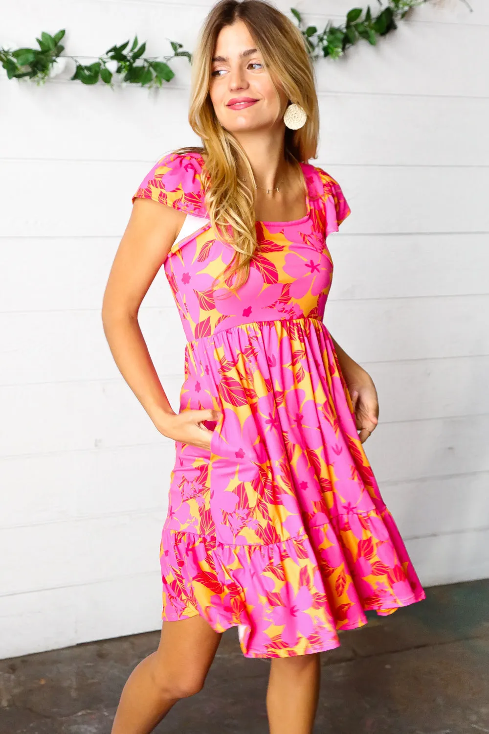Fuchsia Orange Floral Square Neck Ruffle Hem Dress
