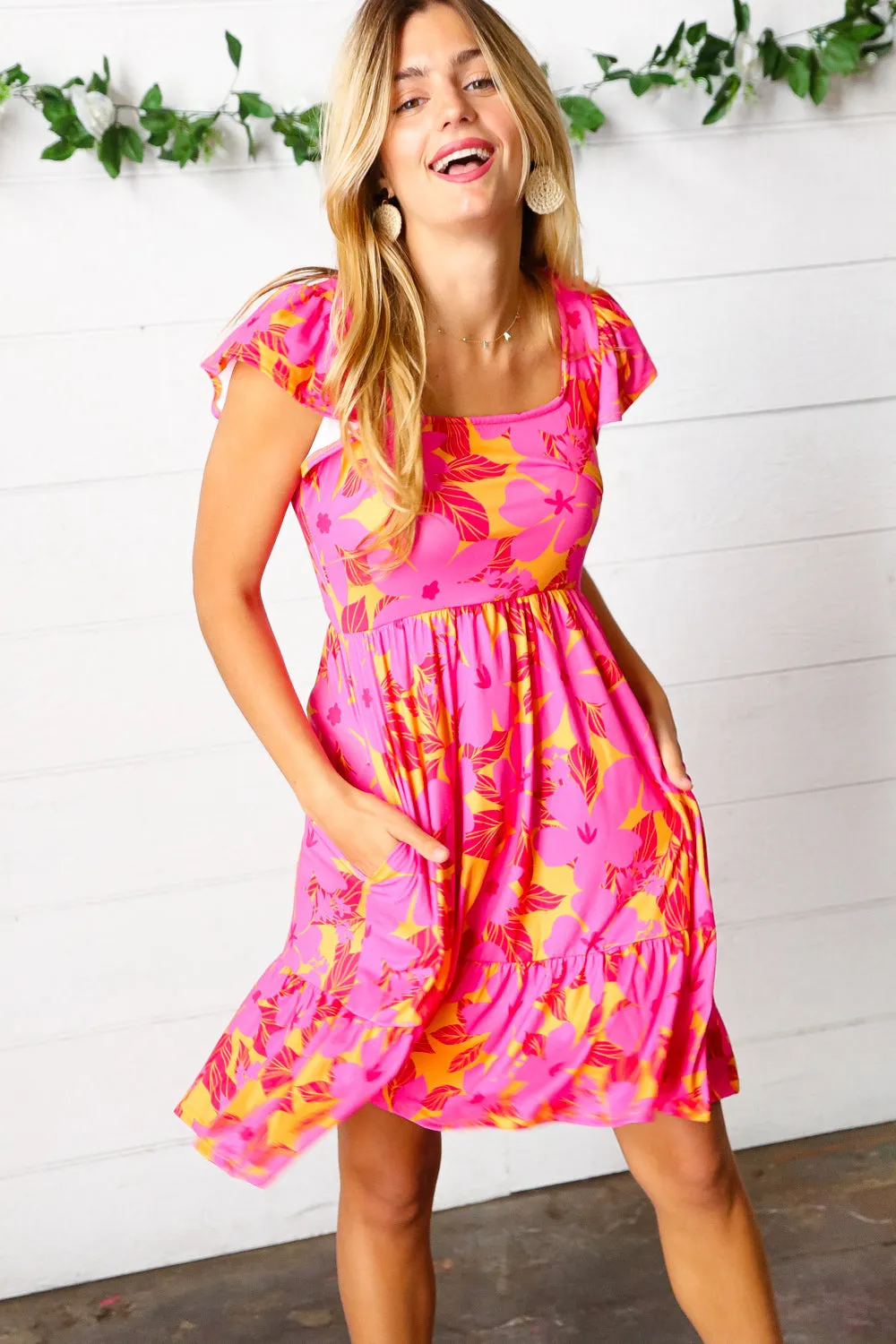 Fuchsia Orange Floral Square Neck Ruffle Hem Dress