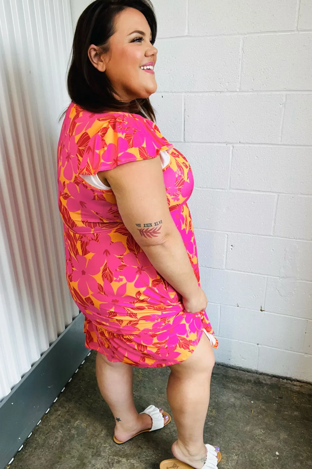 Fuchsia Orange Floral Square Neck Ruffle Hem Dress
