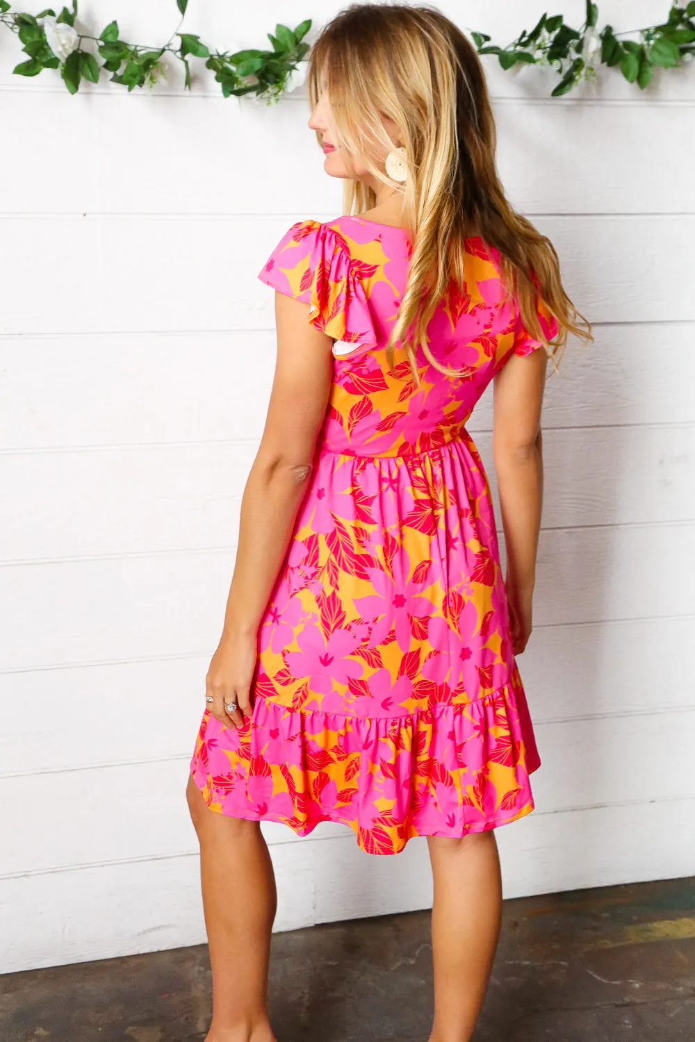 Fuchsia Orange Floral Square Neck Ruffle Hem Dress