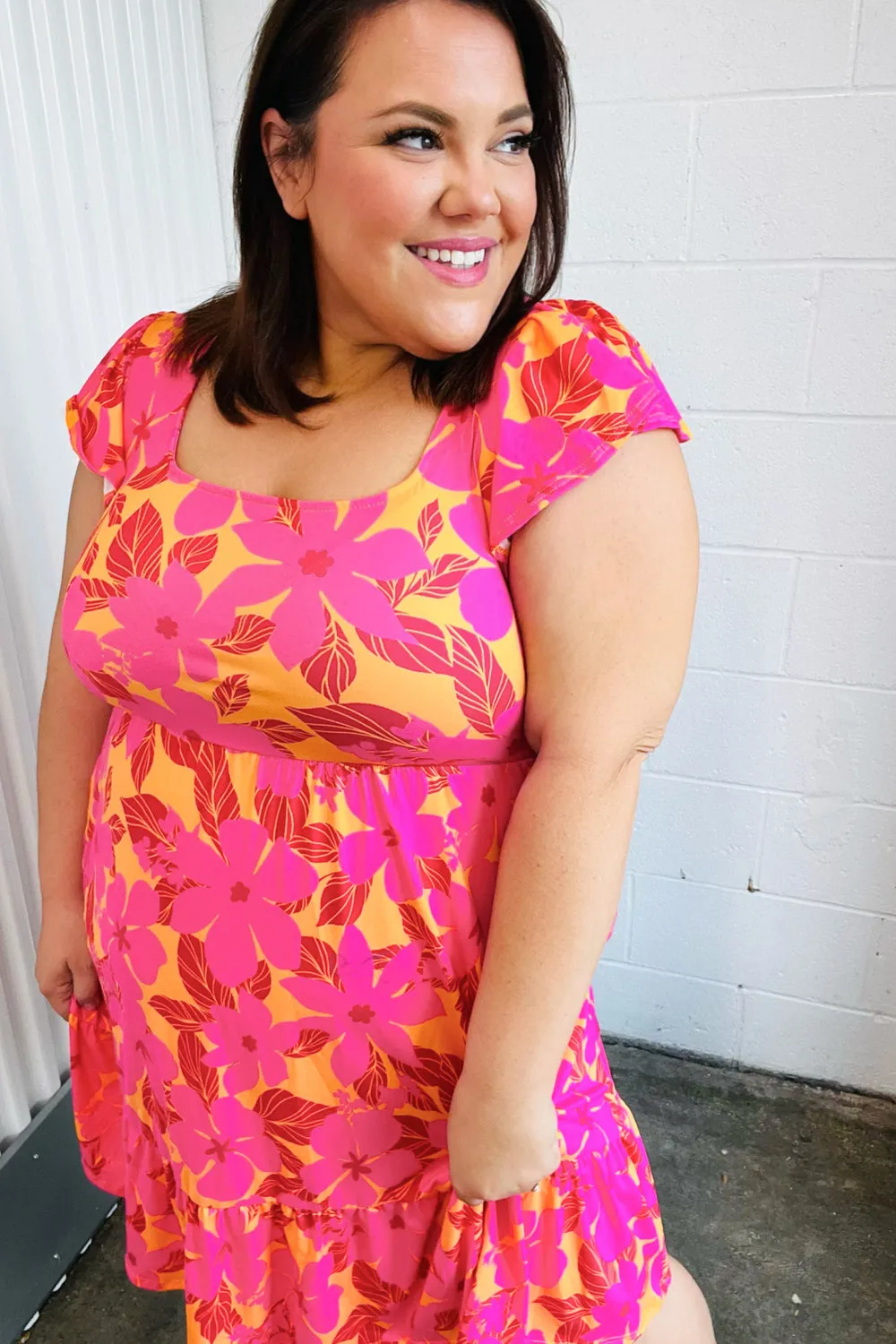Fuchsia Orange Floral Square Neck Ruffle Hem Dress