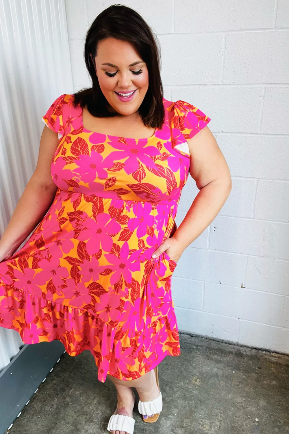 Fuchsia Orange Floral Square Neck Ruffle Hem Dress