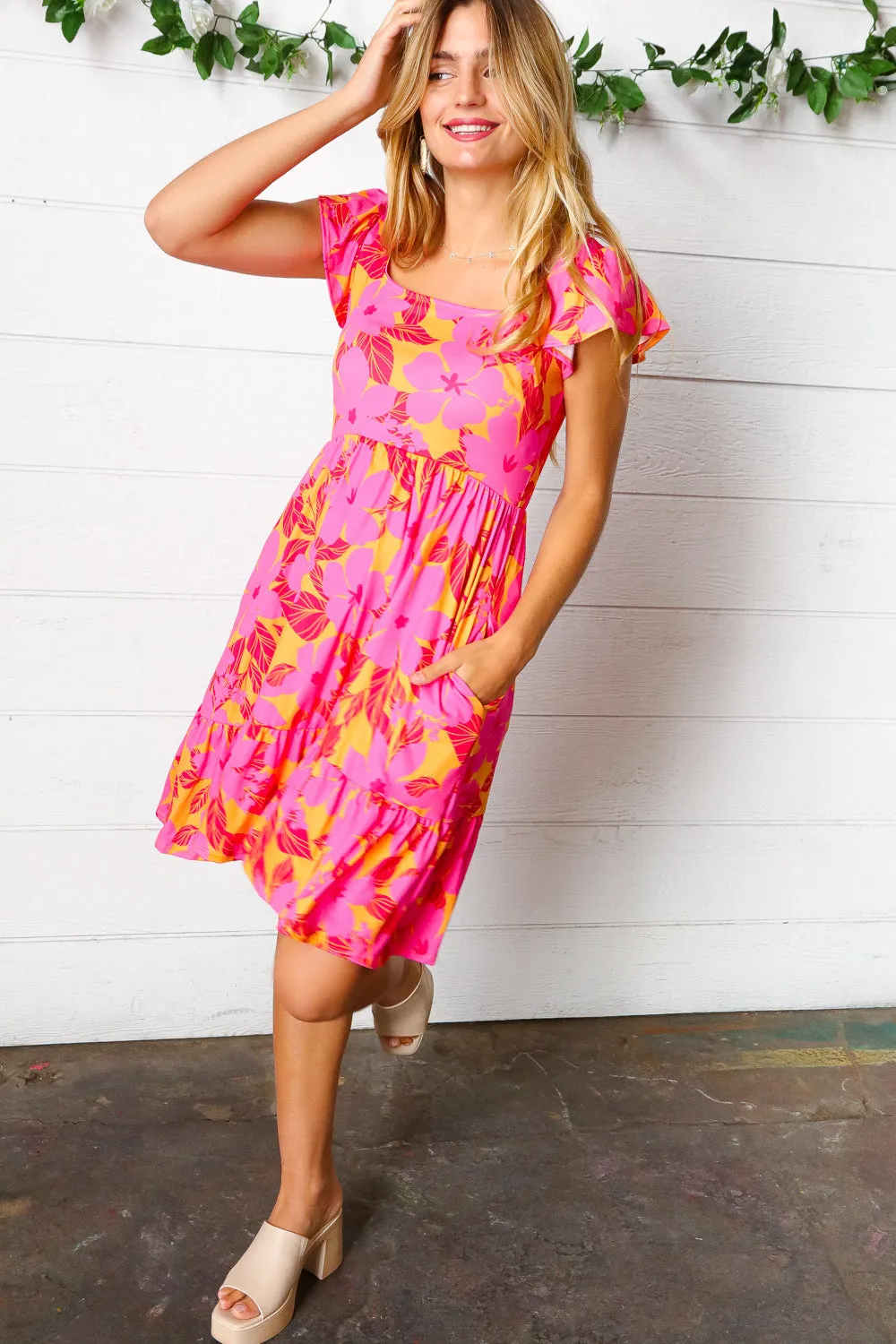 Fuchsia Orange Floral Square Neck Ruffle Hem Dress