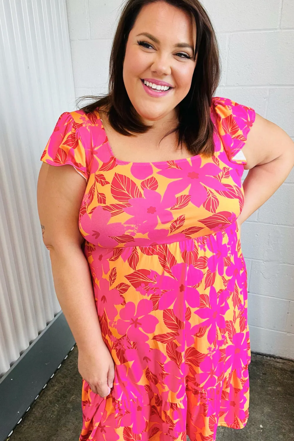 Fuchsia Orange Floral Square Neck Ruffle Hem Dress