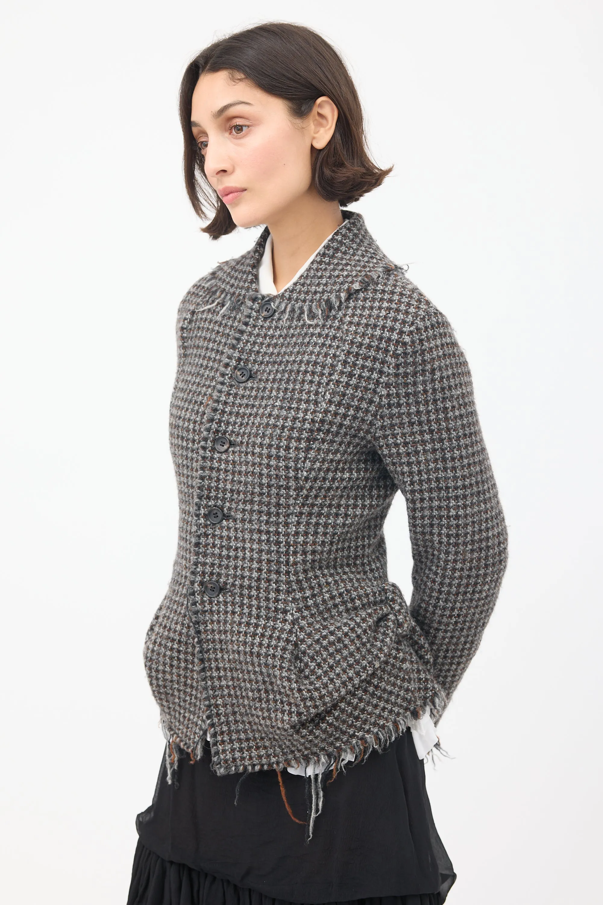 FW 2003 Grey & Brown Wool Tweed Fringed Jacket