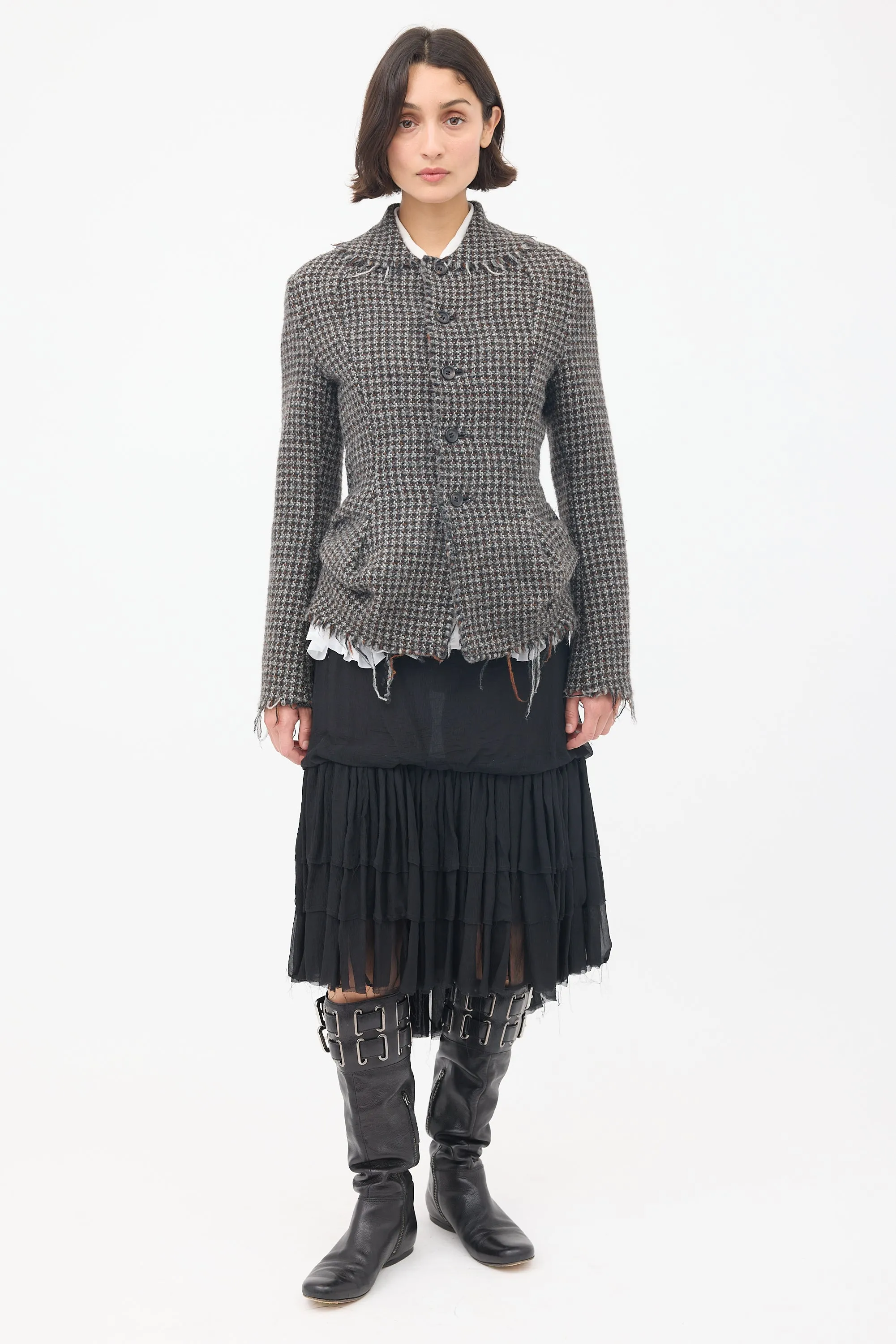 FW 2003 Grey & Brown Wool Tweed Fringed Jacket