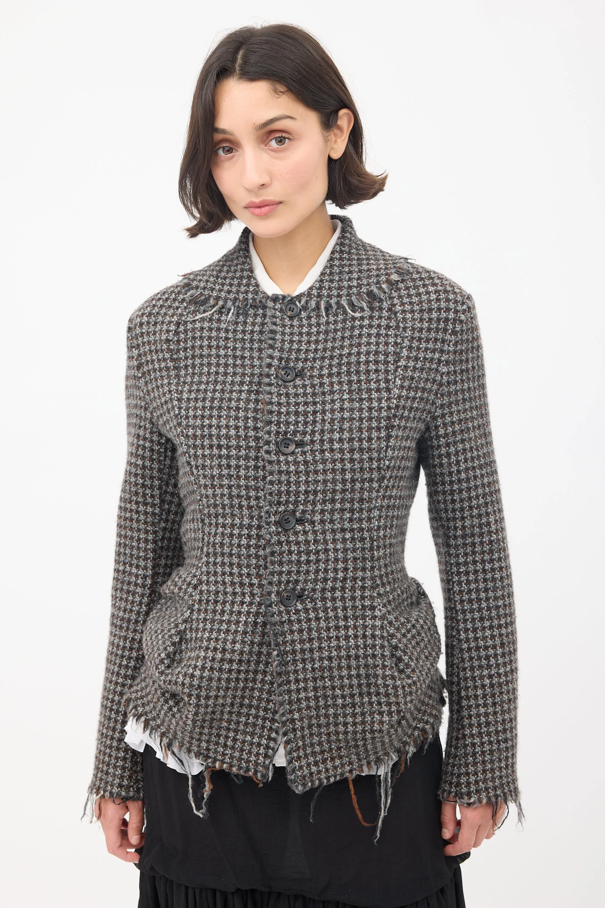 FW 2003 Grey & Brown Wool Tweed Fringed Jacket