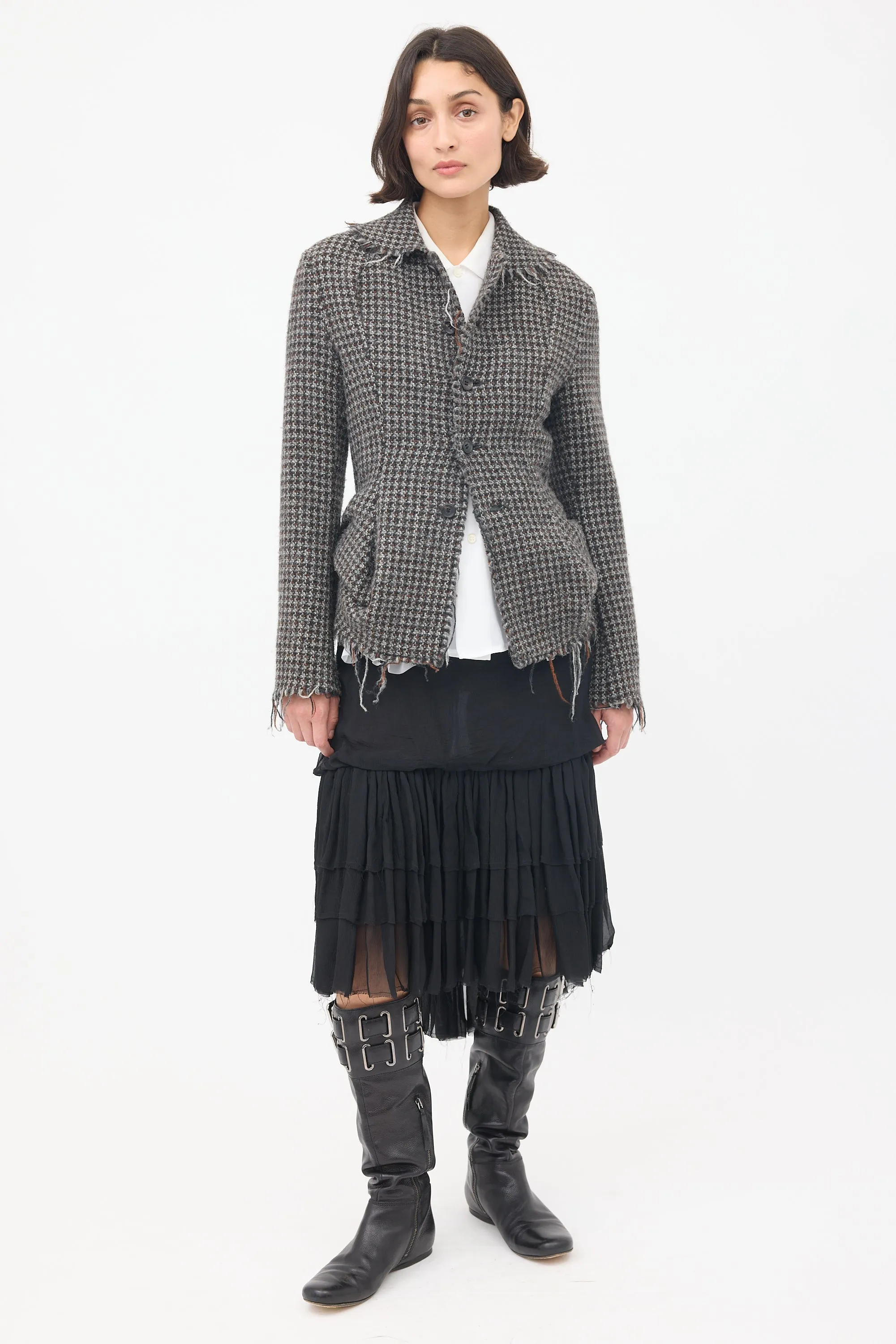 FW 2003 Grey & Brown Wool Tweed Fringed Jacket