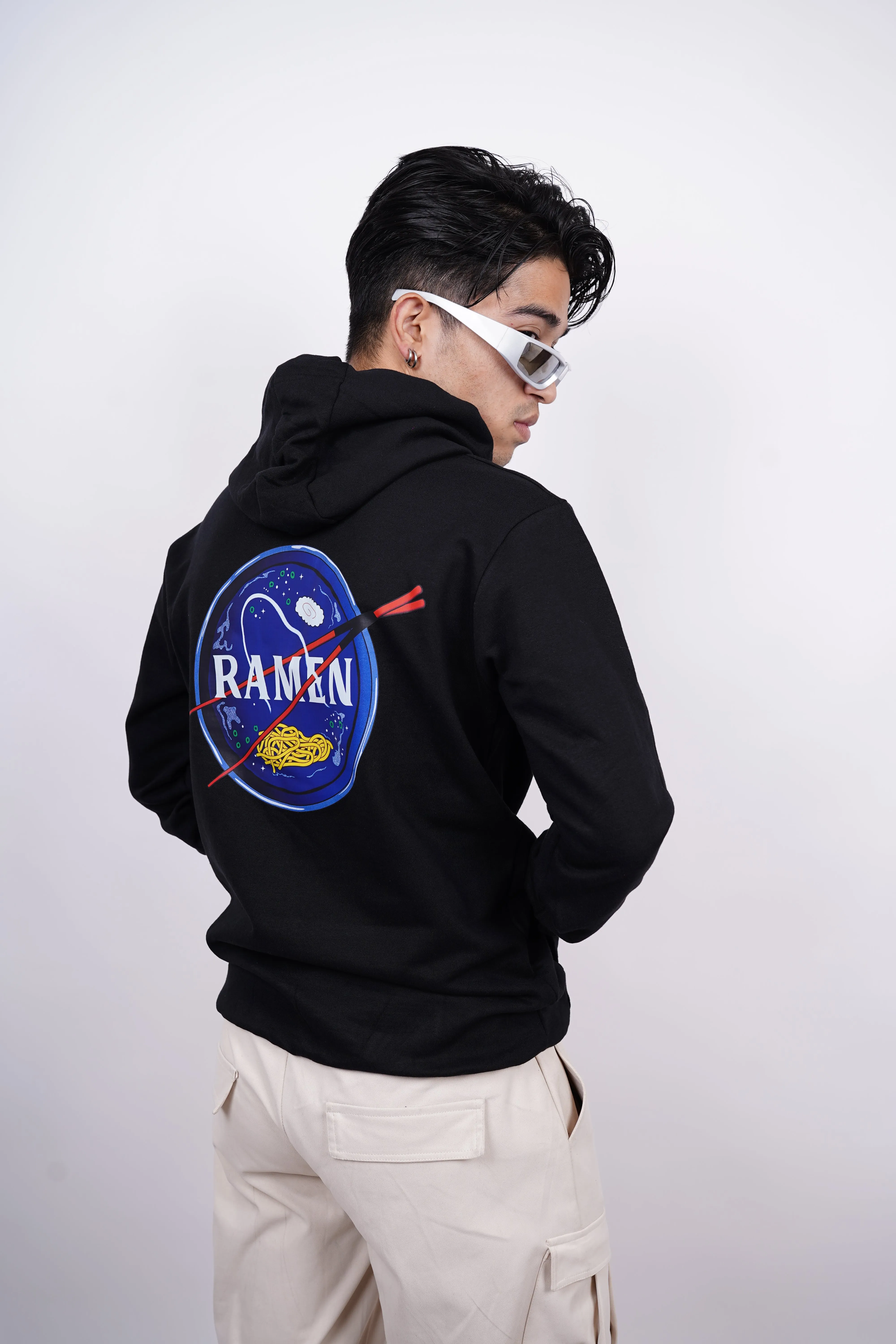 Galactic Noodle Fusion Relaxed Fit Black Hoodie For Men By DemonWear