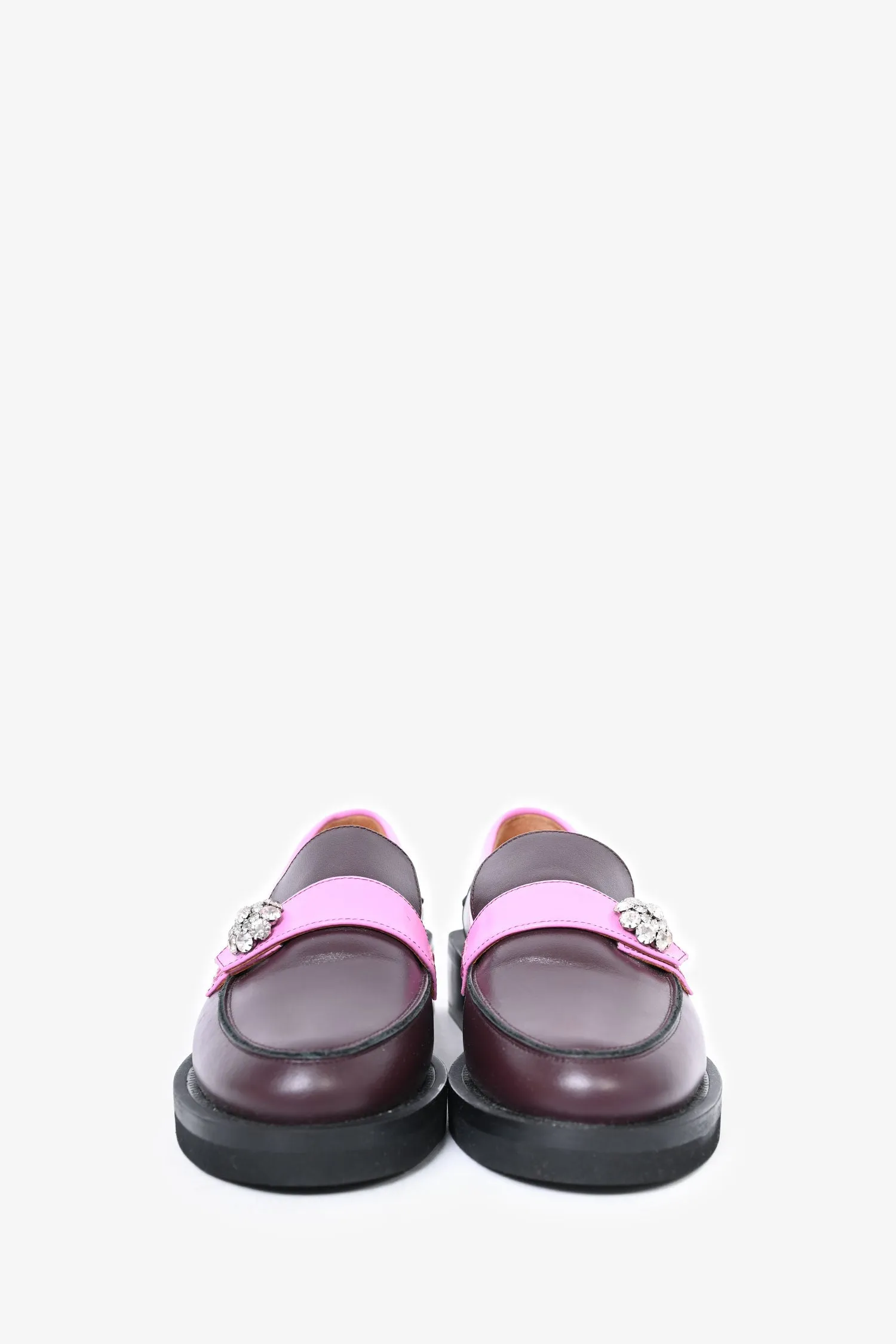 Ganni Burgundy/Fuchsia Leather Crystal Embellished Chunky Loafers Size 38