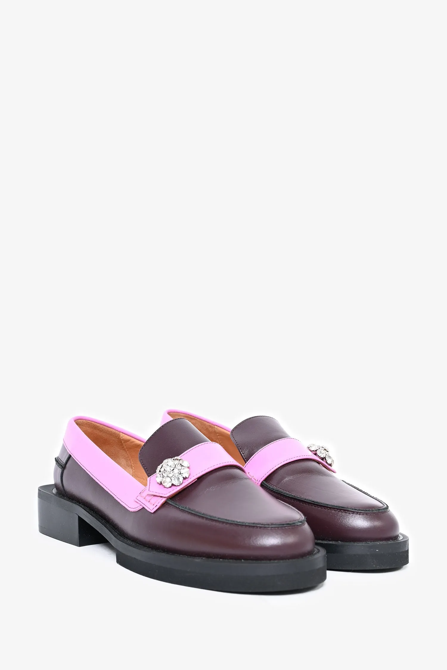 Ganni Burgundy/Fuchsia Leather Crystal Embellished Chunky Loafers Size 38