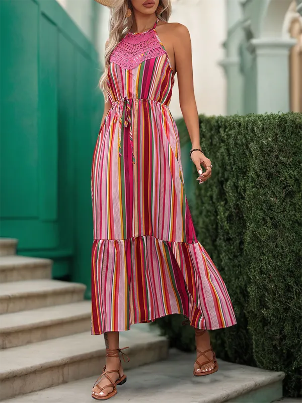 Gathered Waist Women's Boho Midi Dress with Stripes & Crochet