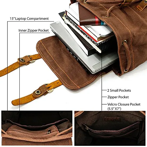 GEARONIC TM 21L Vintage Canvas Backpack for Men Leather Rucksack Knapsack 15 inch Laptop Tote