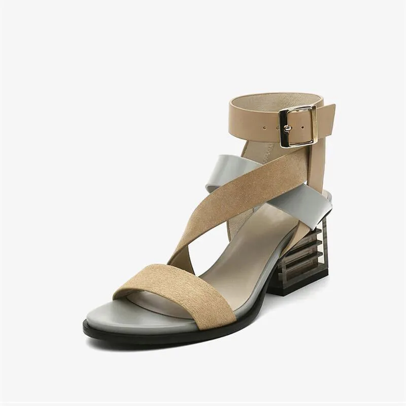 Genuine Cowhide Gladiator Sandals with Colorful Clear Heel