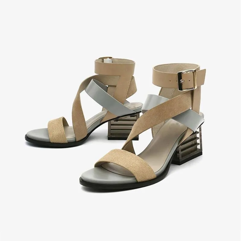 Genuine Cowhide Gladiator Sandals with Colorful Clear Heel