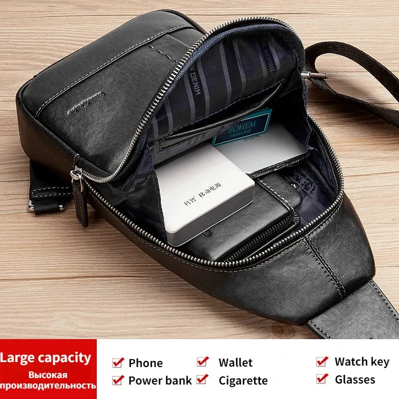 Genuine Leather Men's Chest Pack Crossbody Bag Luxury Design Durable Handbag