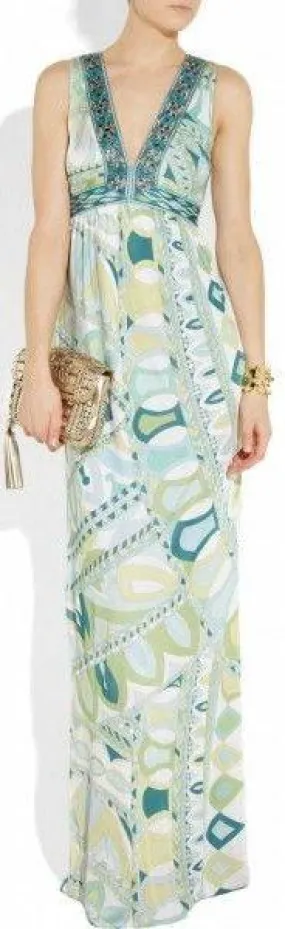Geometric Printed Deep V-Neck Sleeveless Long Jersey Silk Maxi Dress