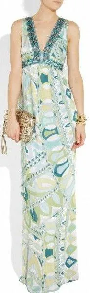 Geometric Printed Deep V-Neck Sleeveless Long Jersey Silk Maxi Dress