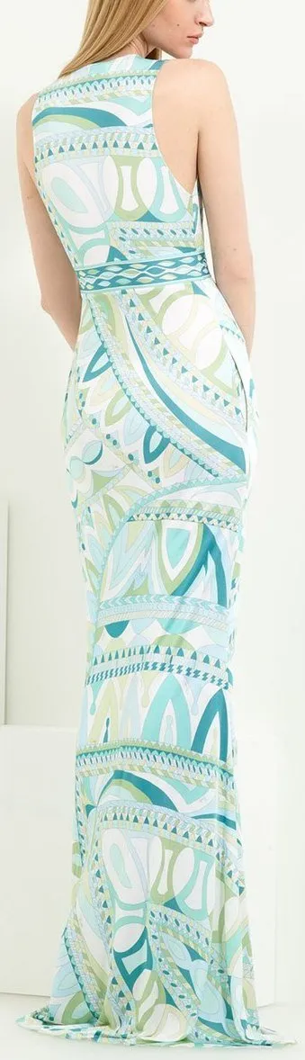 Geometric Printed Deep V-Neck Sleeveless Long Jersey Silk Maxi Dress