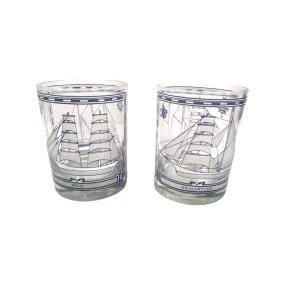 Georges Briard Signed Mid-Century Blue and White Ships Double Old Fashion Glasses (Set of 2)