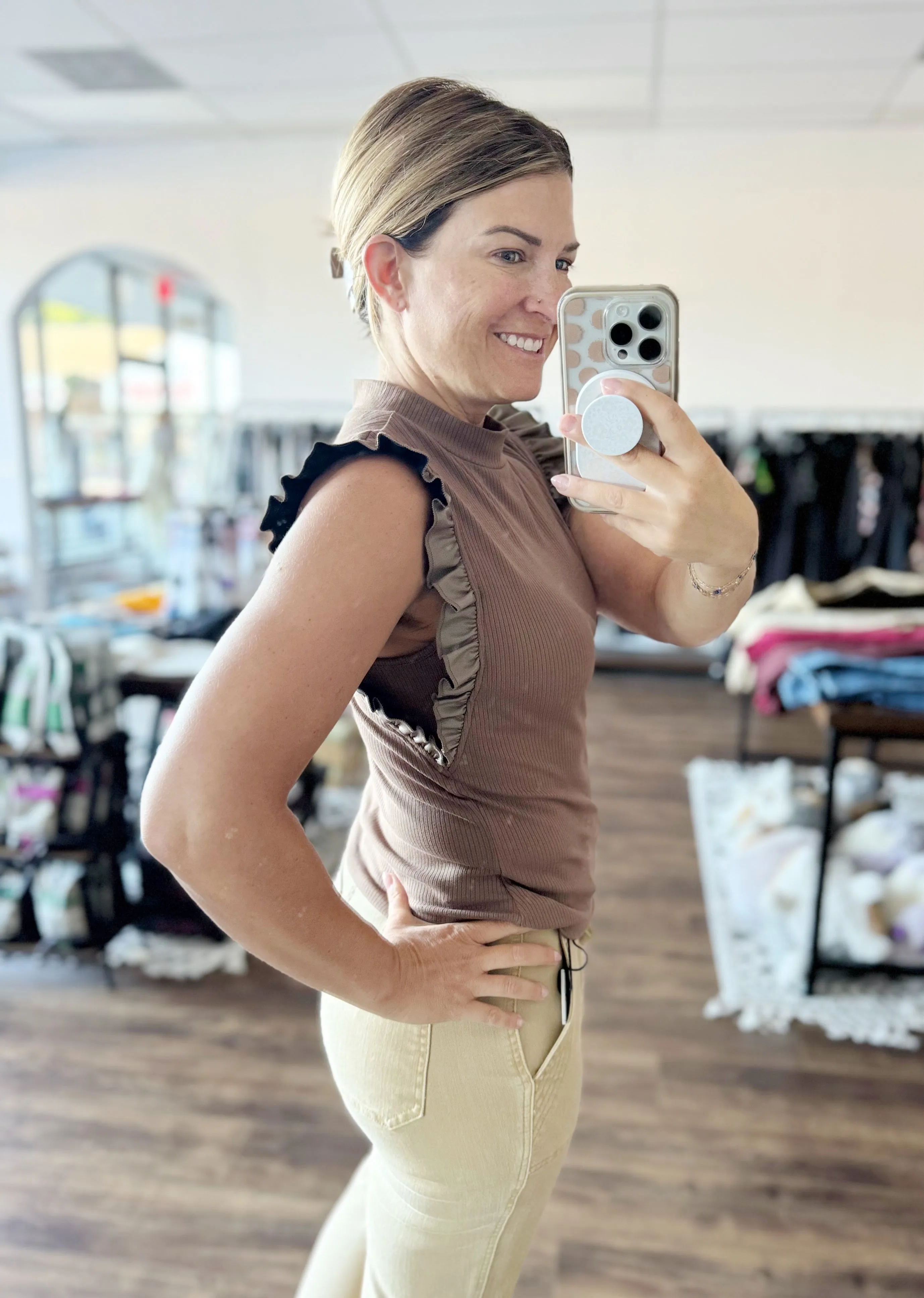 Georgina - Mock Neck Ruffle Sleeve Tank Top - Mocha