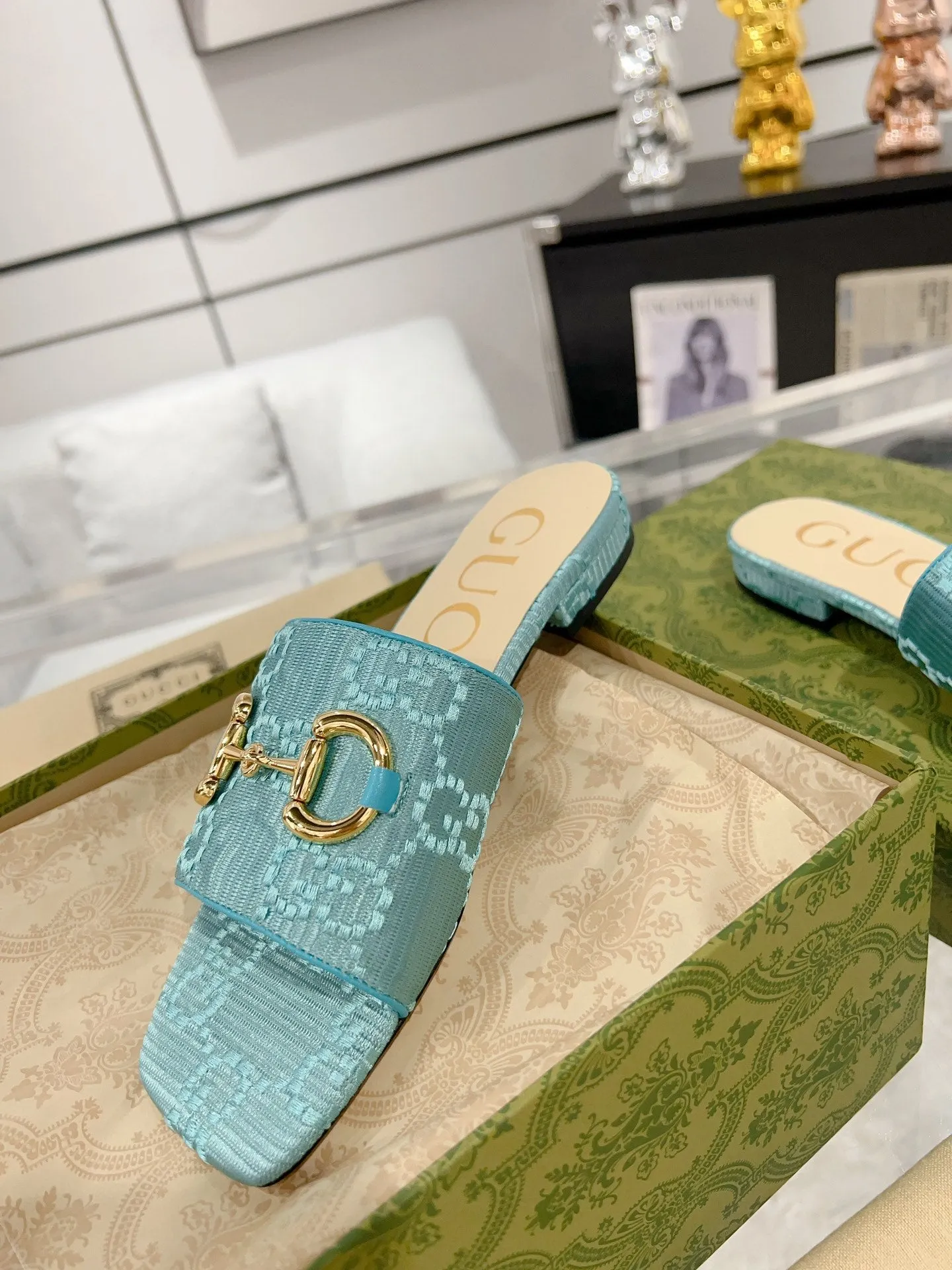 GG CHUNKY SLIDE SANDAL BLUE SKY CALFSKIN