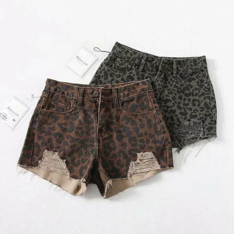 Girlary Sexy Leopard Print Ripped Jeans for Women Fashion Street High Waisted Wide Leg Shorts American Retro Hot Girl Y2k Loose Shorts