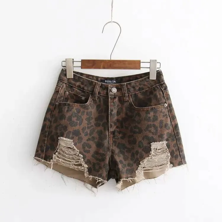 Girlary Sexy Leopard Print Ripped Jeans for Women Fashion Street High Waisted Wide Leg Shorts American Retro Hot Girl Y2k Loose Shorts
