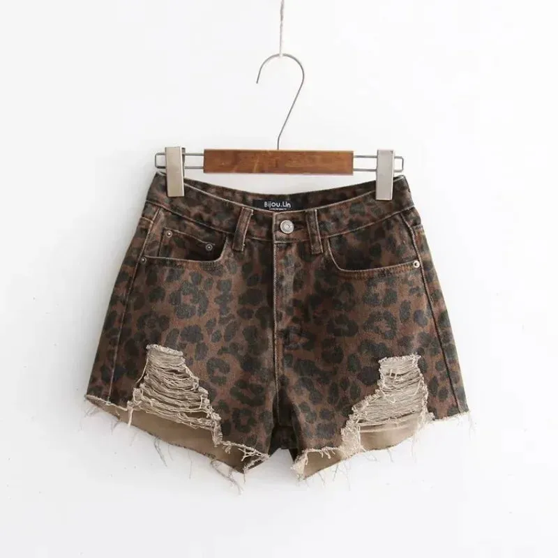Girlary Sexy Leopard Print Ripped Jeans for Women Fashion Street High Waisted Wide Leg Shorts American Retro Hot Girl Y2k Loose Shorts