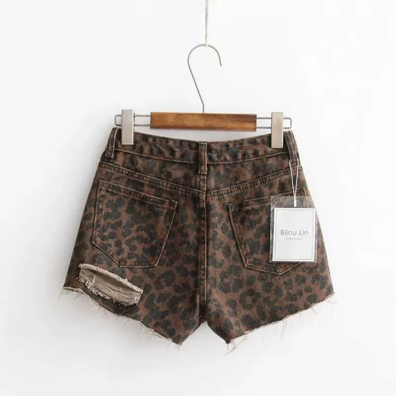Girlary Sexy Leopard Print Ripped Jeans for Women Fashion Street High Waisted Wide Leg Shorts American Retro Hot Girl Y2k Loose Shorts